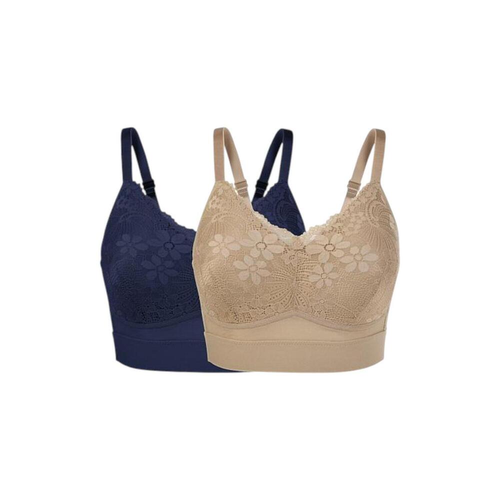 Rhonda Shear Women's 2pk Molded Cup Bra w/ Lace Overlay Beige/Navy - Regular